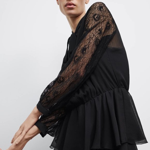 NEW Zara Black Lace Bow Neck Ruffled Mini Dress - Picture 5 of 11